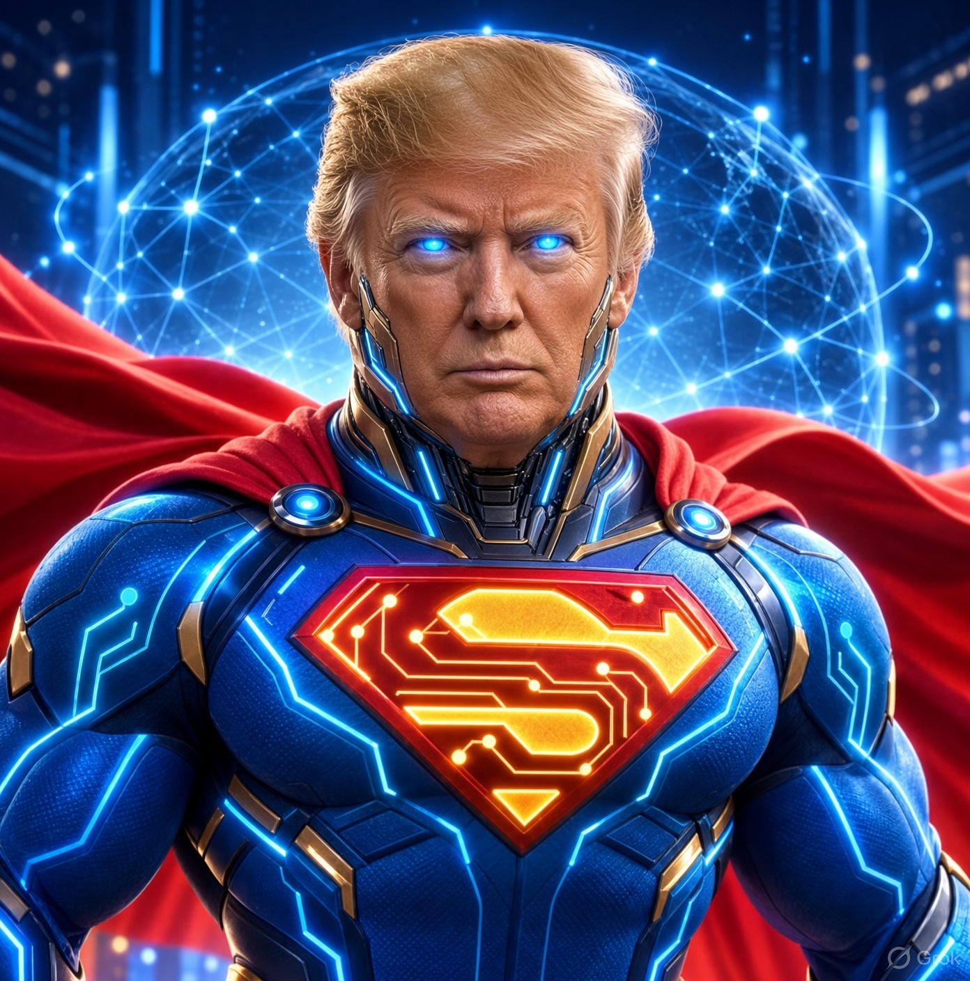 Close-up of SUPERTRUMPINU with glowing blue eyes and futuristic armor