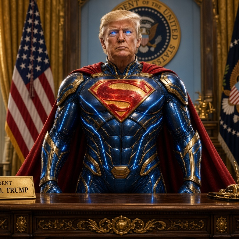SUPERTRUMPINU standing behind the presidential desk in superhero armor