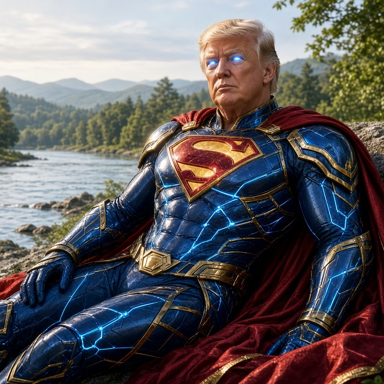 SUPERTRUMPINU relaxing on rocks beside a river